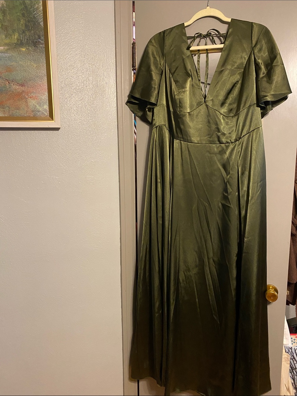 David's Bridal “Galina Signature” Olive Satin V-Neck Flutter Sleeve Maxi Dress